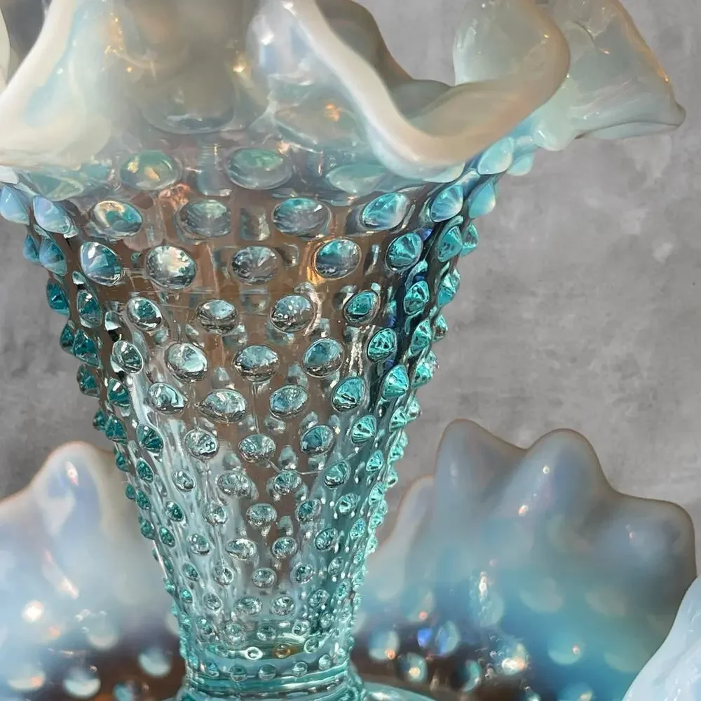 Vtg Fenton Opalescent Blue Hobnail 2-Piece Epergne Trumpet Flower Vase Pre 1970s